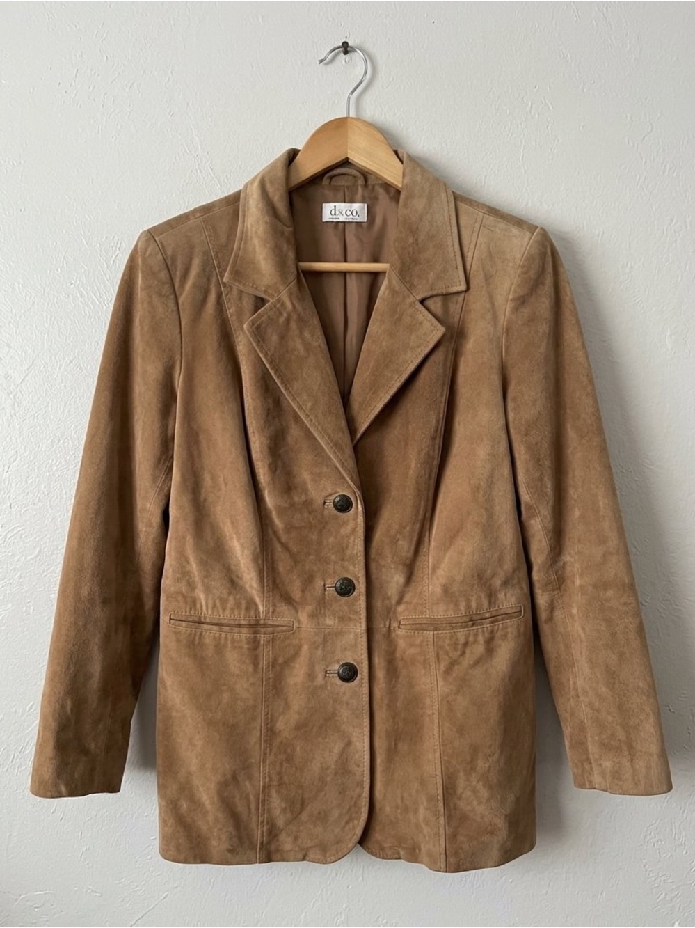 VTG Denim & Co Tan Suede Leather Blazer Jacket 90s Minimalist Boho Neutral Class